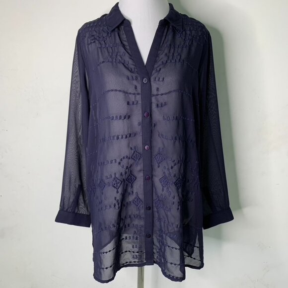 Soft Surroundings Women's Navy Blue Sheer Button Down Blouse Size Petit Medium - Picture 1 of 16